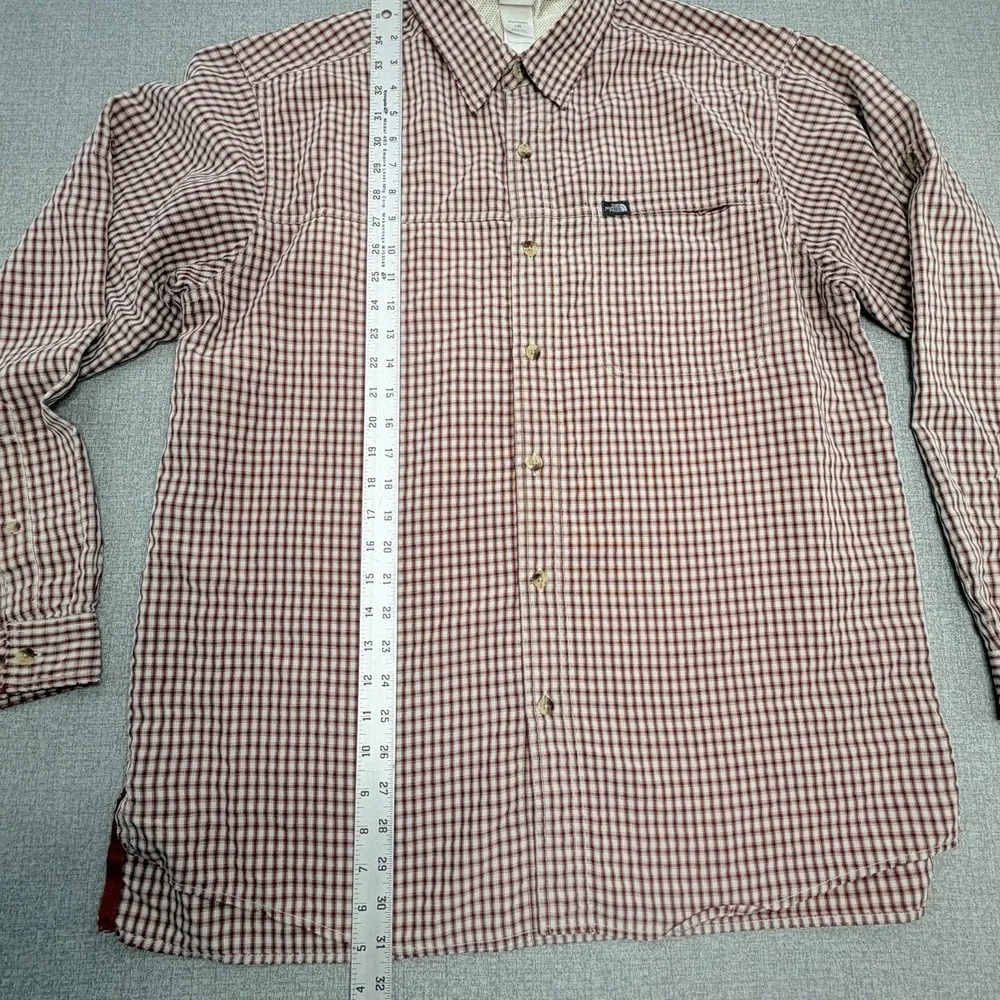 The North Face Button Down Flannel Shirt Red Plaid Mens LARGE Check Zip Pocket